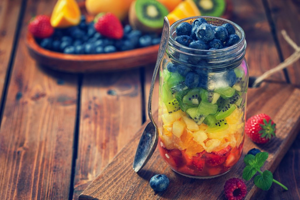 Mason jar filled with fruit Fresh Fruit Salad in a Jar